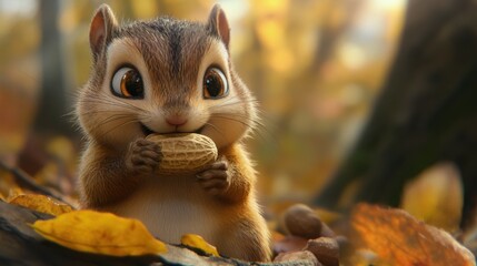 Adorable chipmunk enjoying a peanut among autumn leaves in a forest setting