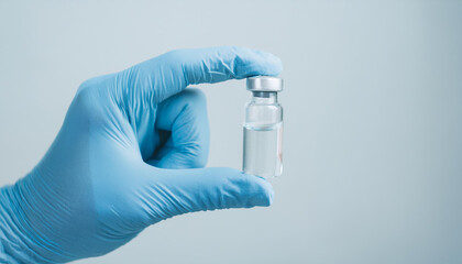 Hand in medical glove holding glass vial with liquid. Health and medicine treatment. Drug, vaccine