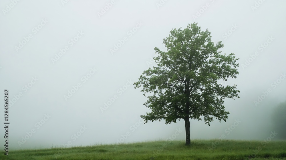 Poster serene solitary tree standing in a foggy landscape with lush grass surrounding it : generative ai