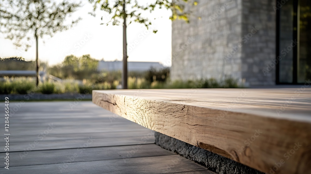 Poster close up view of sleek wooden surface near modern building surrounded by nature : generative ai