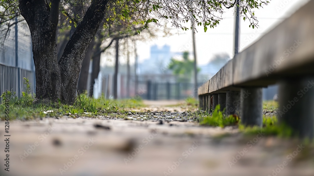 Poster An empty quiet pathway lined with trees and a wooden bench showcasing a serene and tranquil outdoor environment : Generative AI