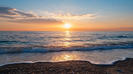A breathtaking sunset over calm waters with soft waves and golden reflections on the shore : Generative AI