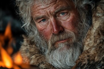 Portrait of an elderly man with a thick beard and fur cloak near a warm fire in a rugged outdoor setting