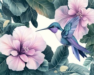 Stunning blue and purple hummingbird perched near vibrant flowers in a boho folk art style