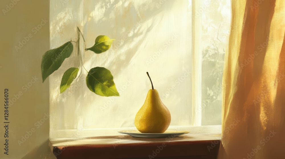 Poster sunlit pear on window sill with leaf shadows