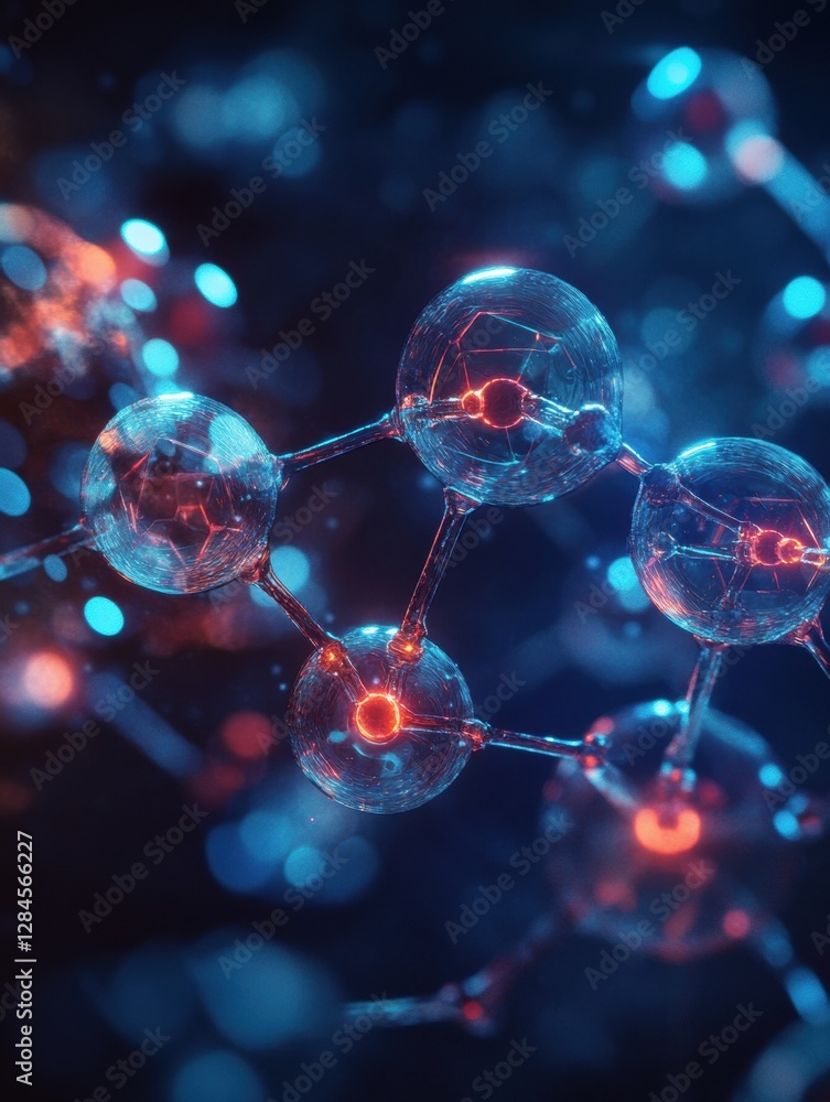 Poster dynamic visualization of gas molecules exhibiting motion and interaction through glowing atomic stru