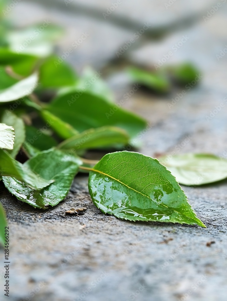 Poster vibrant green leaves spread out on a rustic stone surface bringing life and freshness to a natural s