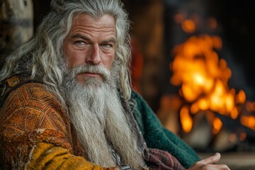 Mature man with long silver hair and beard sits near a fireplace in a cozy room