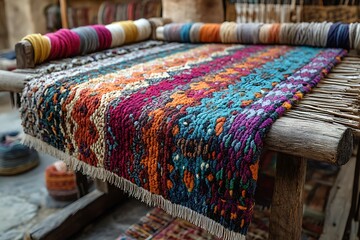 Vibrant Handwoven Rug on a Traditional Loom