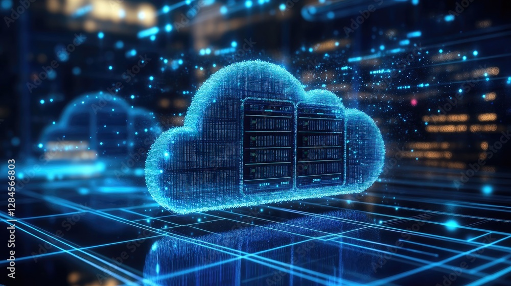 Poster A futuristic digital cloud with integrated servers, symbolizing cloud computing and AI. Ideal for cybersecurity, big data, and cloud services