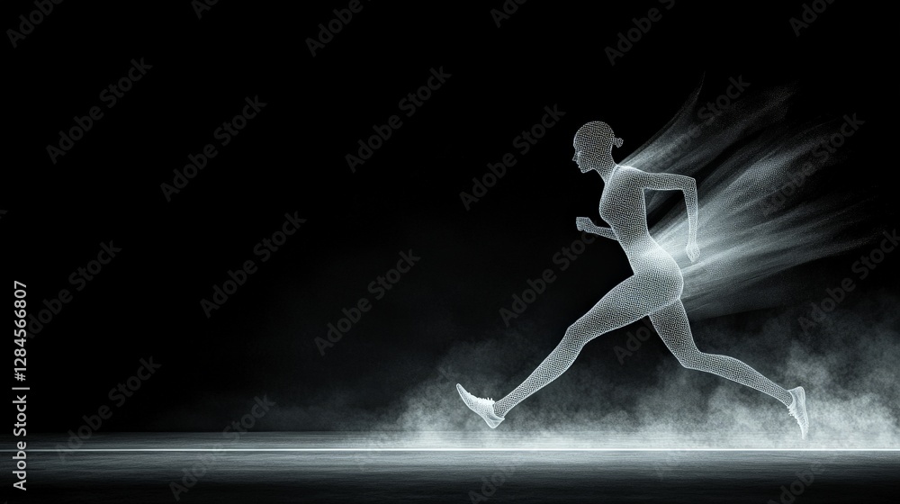 Poster dynamic wireframe runner in motion with soft smoke background