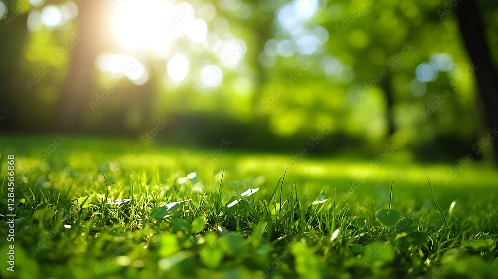 Aufkleber Sunlit green grass field in a serene landscape with sunlight streaming through trees creating a calming effect : Generative AI