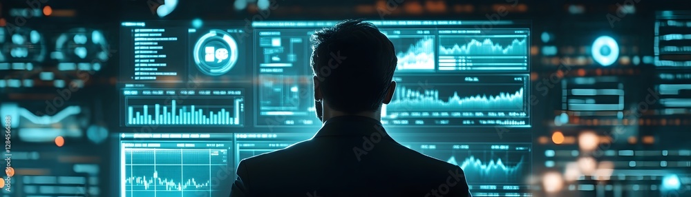 Poster a professional analyzing data on multiple screens, surrounded by futuristic graphics and charts. thi