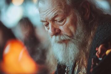 Fototapeta premium Elderly man with a long beard deep in thought at a gathering in a cozy setting during the evening