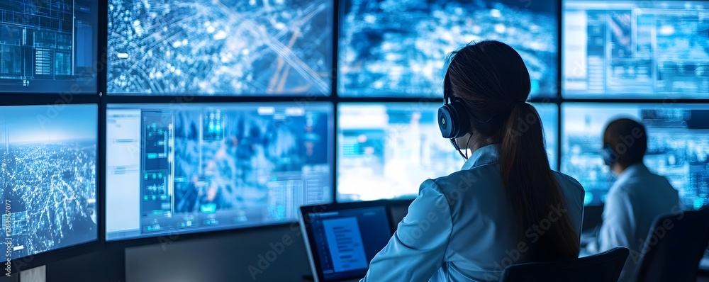 Poster a professional working in a high-tech monitoring room, surrounded by multiple screens displaying dat