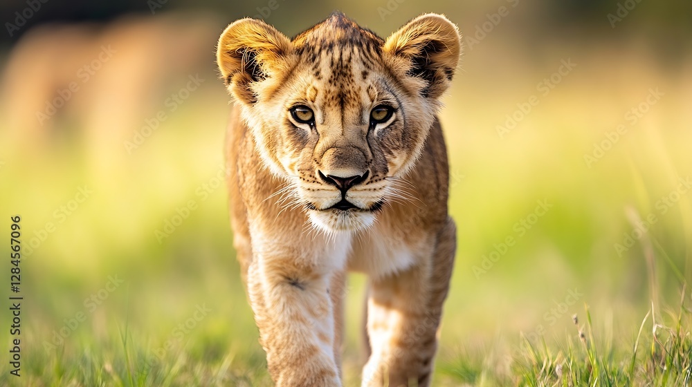 Poster cute lion cub walking towards the camera in a vibrant green field during golden hour : generative ai