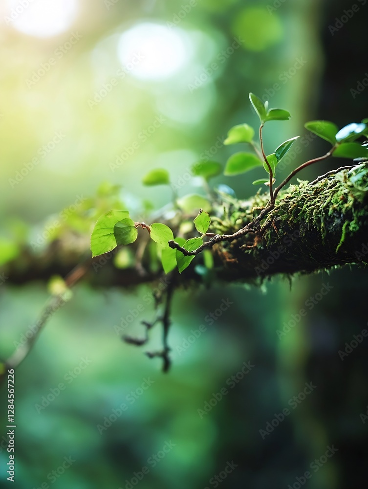 Aufkleber closeup of fresh green leaves climbing a mosscovered branch in a lush forest environment : generativ