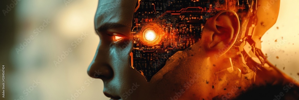 Aufkleber Side profile of a futuristic human head featuring mechanical structures and a glowing robotic eye. Generative AI