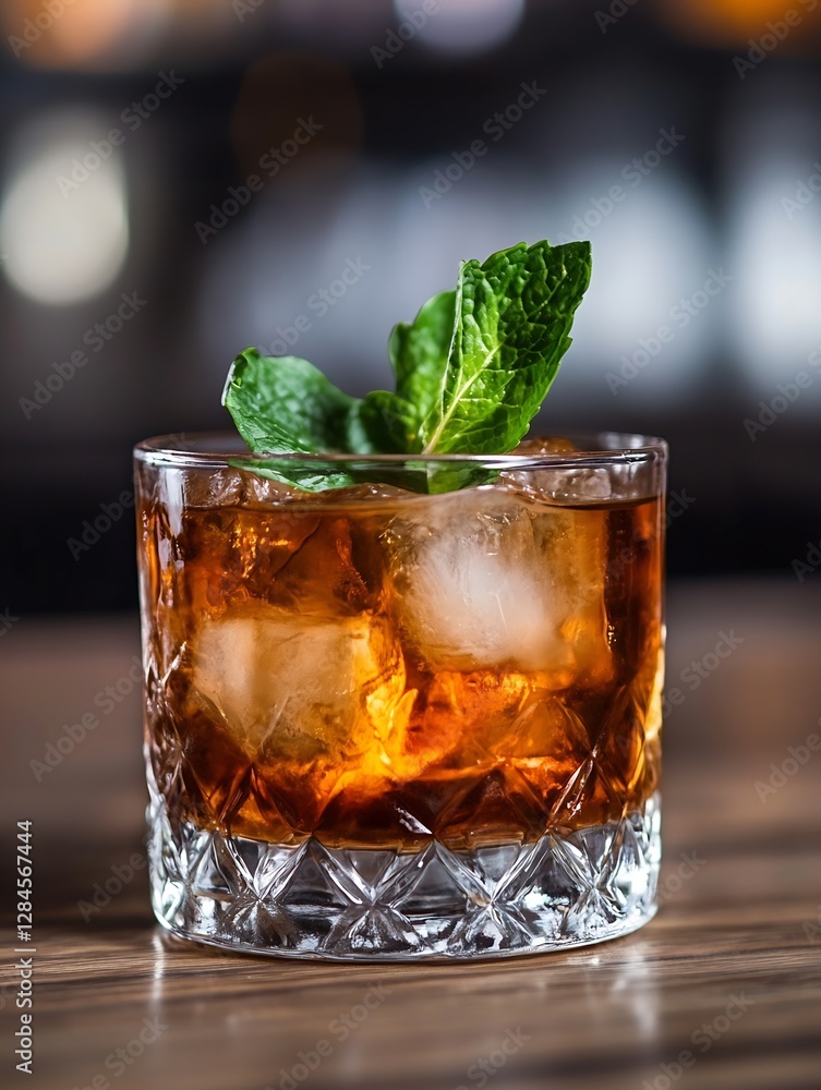 Poster refreshing cocktail served on the rocks with mint garnish for summer enjoyment : generative ai
