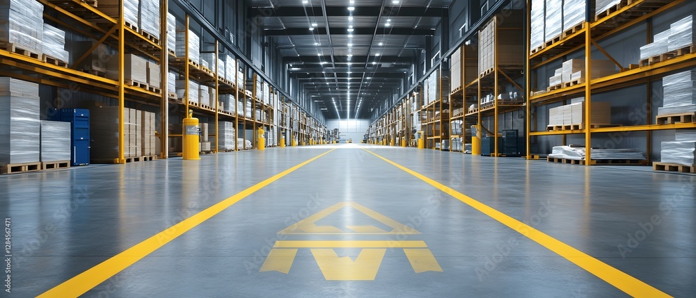 Poster a spacious modern warehouse with organized pallets and clear pathways, emphasizing efficient logisti