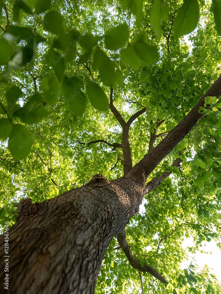 Poster Closeup view of a strong tree trunk under the dense green canopy filled with vibrant foliage in springtime : Generative AI