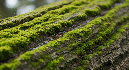 Close-up of bright green moss growing on rough tree bark. The detailed texture of the bark and the lush moss create a fascinating visual contrast.