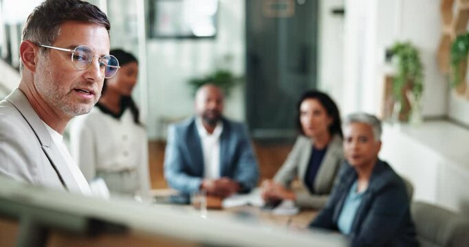 Businessman, financial advisor and presentation with whiteboard, deal and audit meeting for b2b portfolio. Speaker, accountant or agent with discussion for consultation advice or proposal review - Powered by Adobe