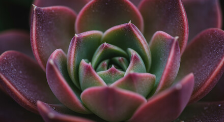 A succulent plant with fleshy, pointed leaves arranged in a compact rosette. The leaves show a gradation of color from green to deep red, with darker edges creating a fascinating visual contrast. The 