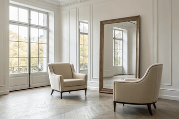 Two armchairs in front of a mirror in a room with a minimalist style, neutral colors and large windows.