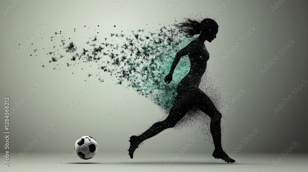 Poster dynamic female soccer player in motion with abstract design effect