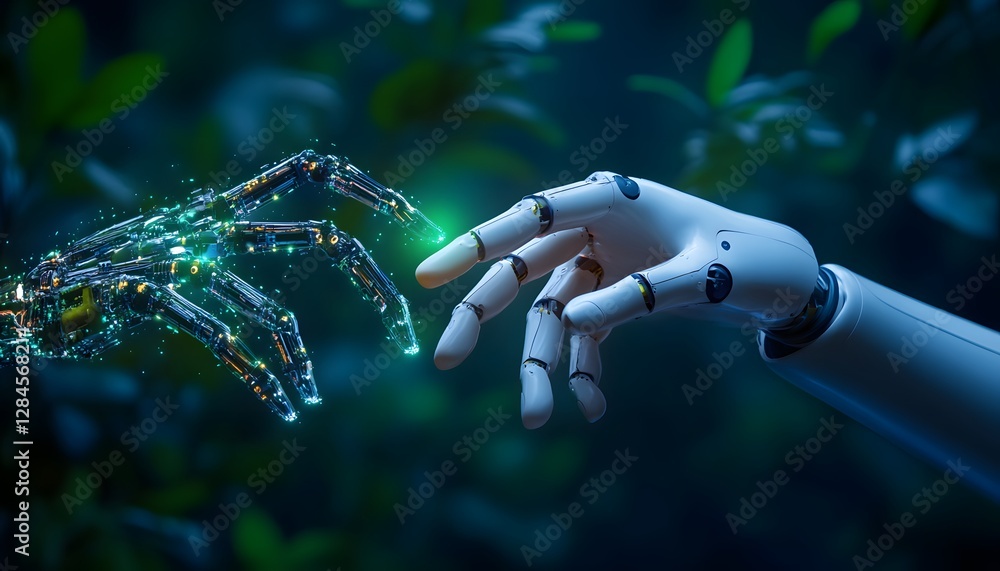 Poster a symbolic interaction between a human hand and a robotic hand, illustrating the connection between 