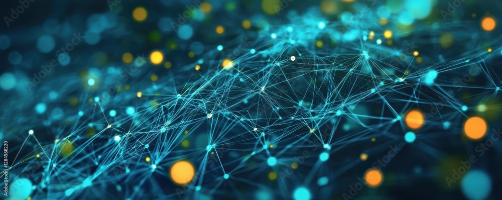 Poster abstract digital network with interconnected lines and dots in blue and yellow light