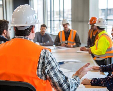A team of construction workers collaborating in a meeting. They discuss project plans and strategies while wearing safety helmets and vests in a well-lit workspace.
