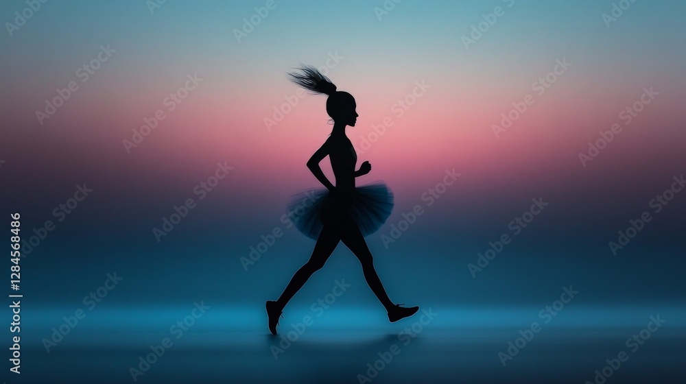 Poster silhouette of dancer in tutu running against colorful background