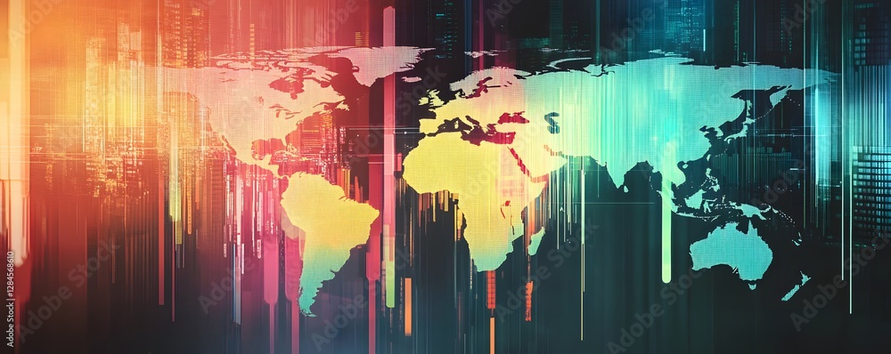 Poster a vibrant, digital illustration of a world map with dynamic data streams. perfect for tech and globa