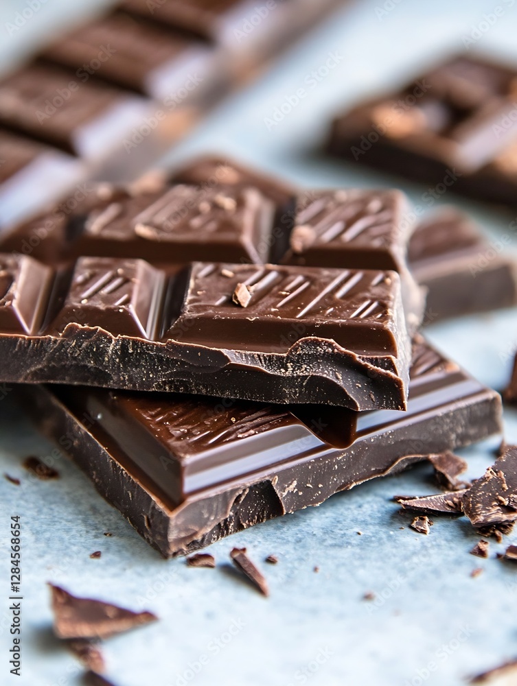 Poster delicious dark chocolate bars stacked on a light blue surface with crumbs and textures : generative 