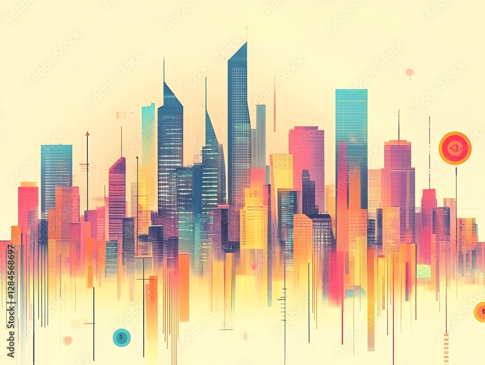 Poster a vibrant abstract cityscape showcasing modern skyscrapers with colorful gradients and geometric pat