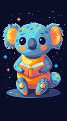 Fototapeta premium Adorable Koala Reading a Book in Space Cute Cartoon Illustration