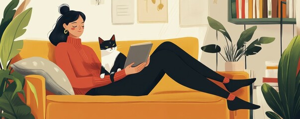 Young woman relaxing on sofa with cat and book in cozy living room setting
