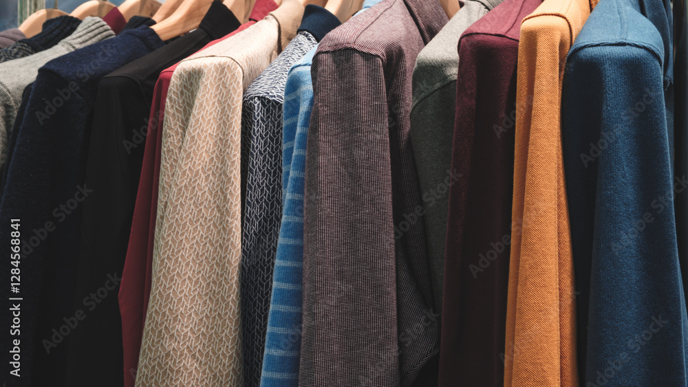 Poster a rack of clothes with a variety of colors and patterns. the clothes are hanging on a rack, and the 