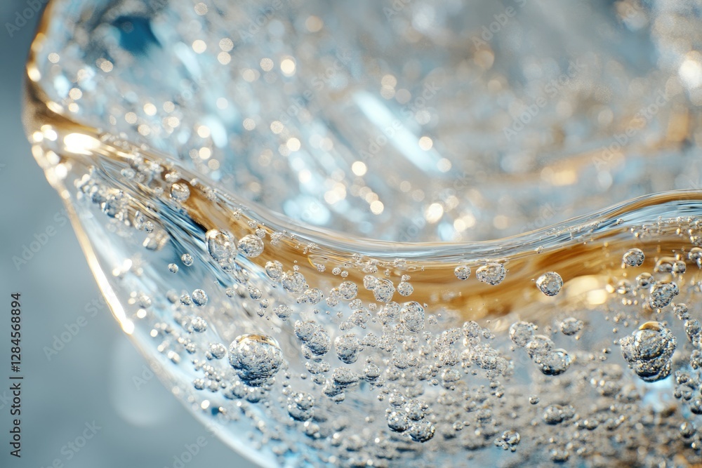 Poster close-up of sparkling, transparent liquid with numerous air bubbles, creating a mesmerizing texture.