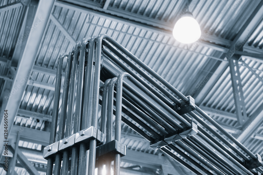Poster a series of metal pipes are suspended from the ceiling. the pipes are connected to each other and ap