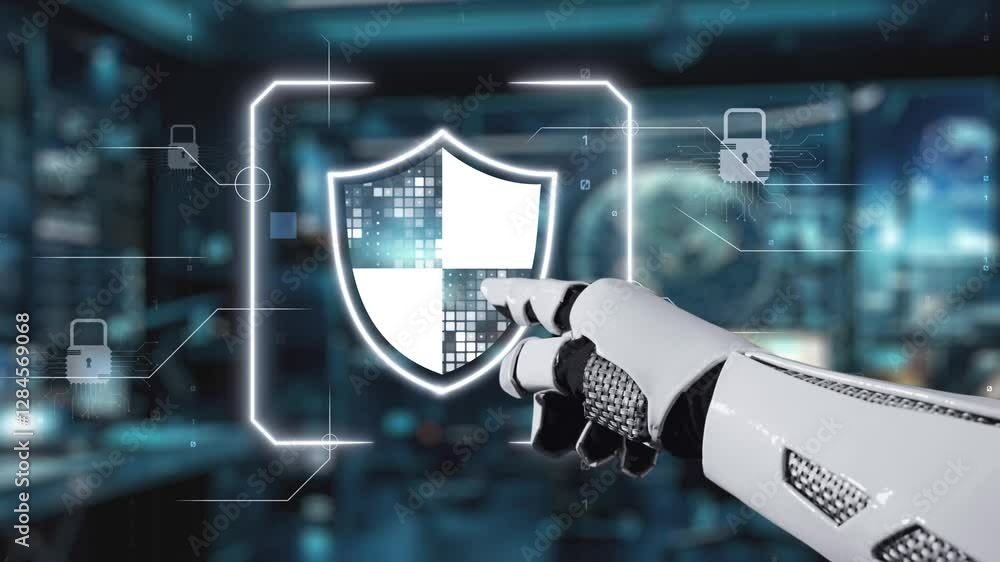 Aufkleber a robotic hand points toward a digital shield icon in a modern cybersecurity setting, highlighting t