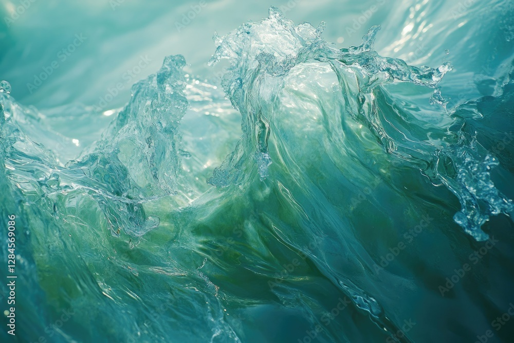 Poster close-up of a turquoise ocean wave, showcasing its translucent texture and dynamic movement.
