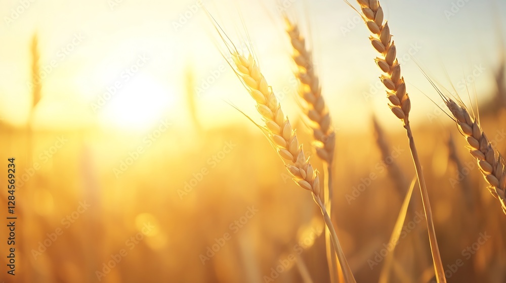 Aufkleber sunkissed wheat fields glowing in the warm light of a golden sunset against the sky : generative ai