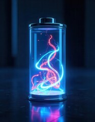 Futuristic 3D-rendered digital artwork of a glowing, transparent battery filled with swirling neon energy currents