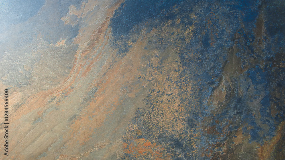 Poster a rocky surface with a blue and brown color scheme. the surface is rough and uneven, giving it a rug