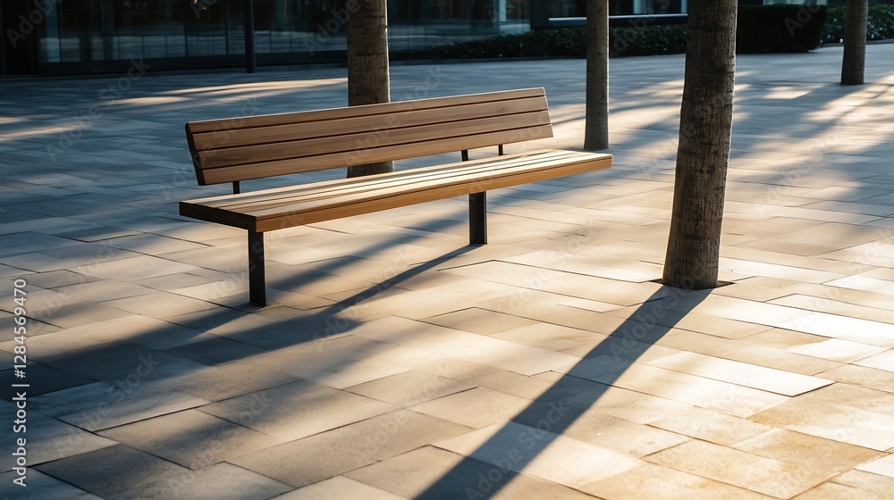 Poster Minimalist wooden bench with tree shadows casted on stone pavement in a tranquil urban setting : Generative AI