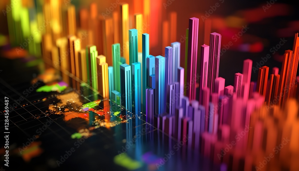Poster a vibrant digital visualization of data represented by colorful bars, showcasing the dynamic nature 