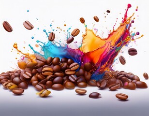 explosión de granos de café arabica tostados, fondo blanco neutro